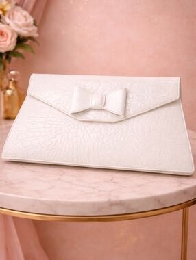 Furla Vintage White Croc-Embossed Bow Envelope Clutch